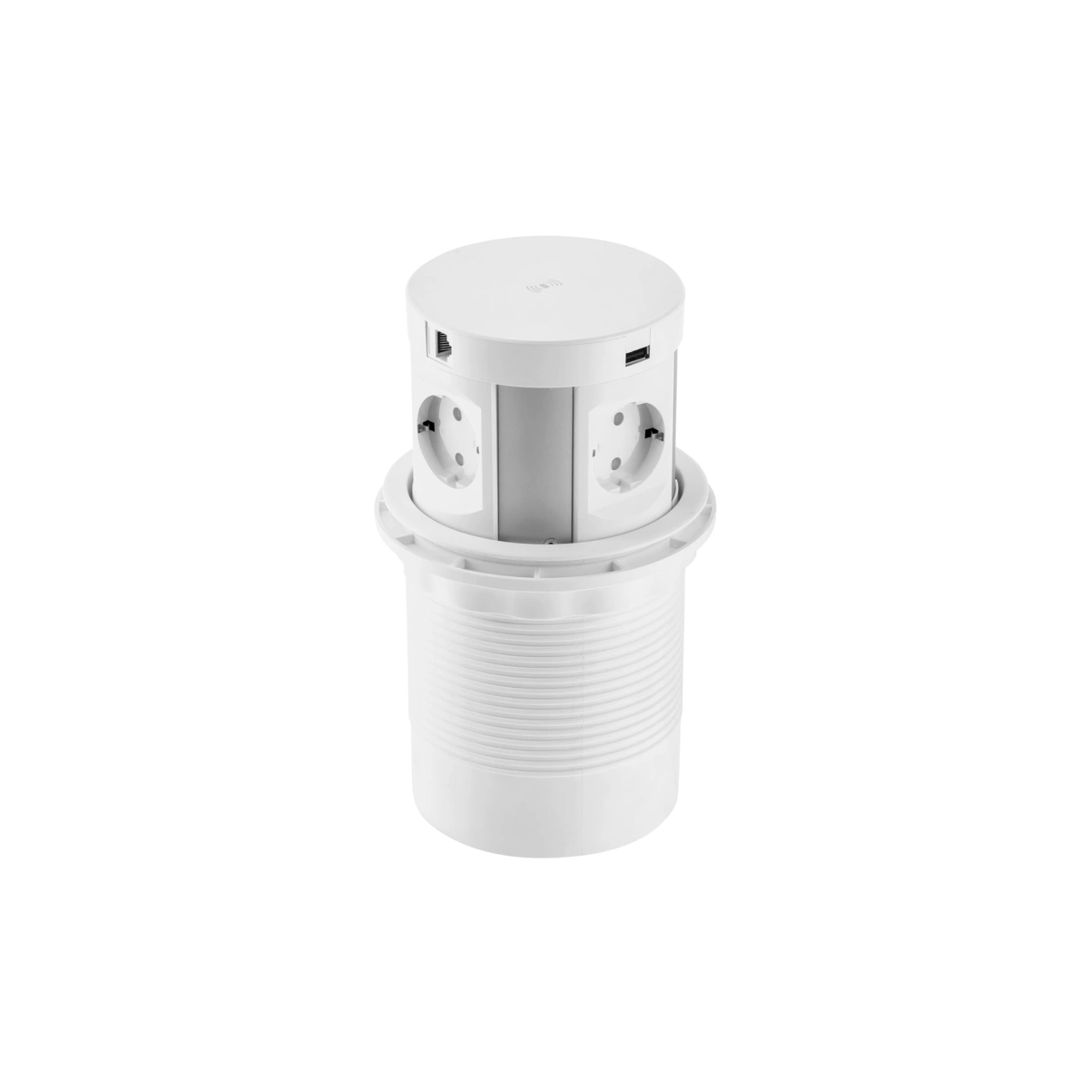 Przedłużacz biurkowy wpuszczany COMFORT PLUS 120mm 4xSCHUKO, 2xUSB, 2xRJ45,ładowarka indukcyjna 5W, biały [z przewodem z wtyczką 1,5mb]