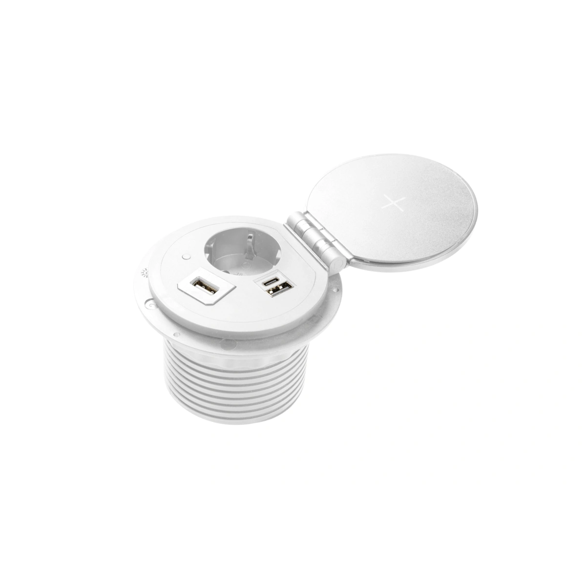 Przedłużacz biurkowy wpuszczany CHARGER PLUS 80mm 1xSCHUKO, USB A+C, wymienne: USB-A/HDMI/RJ45, ładowarka indukcyjna, biały [z przewodem z wtyczką 1,5mb]