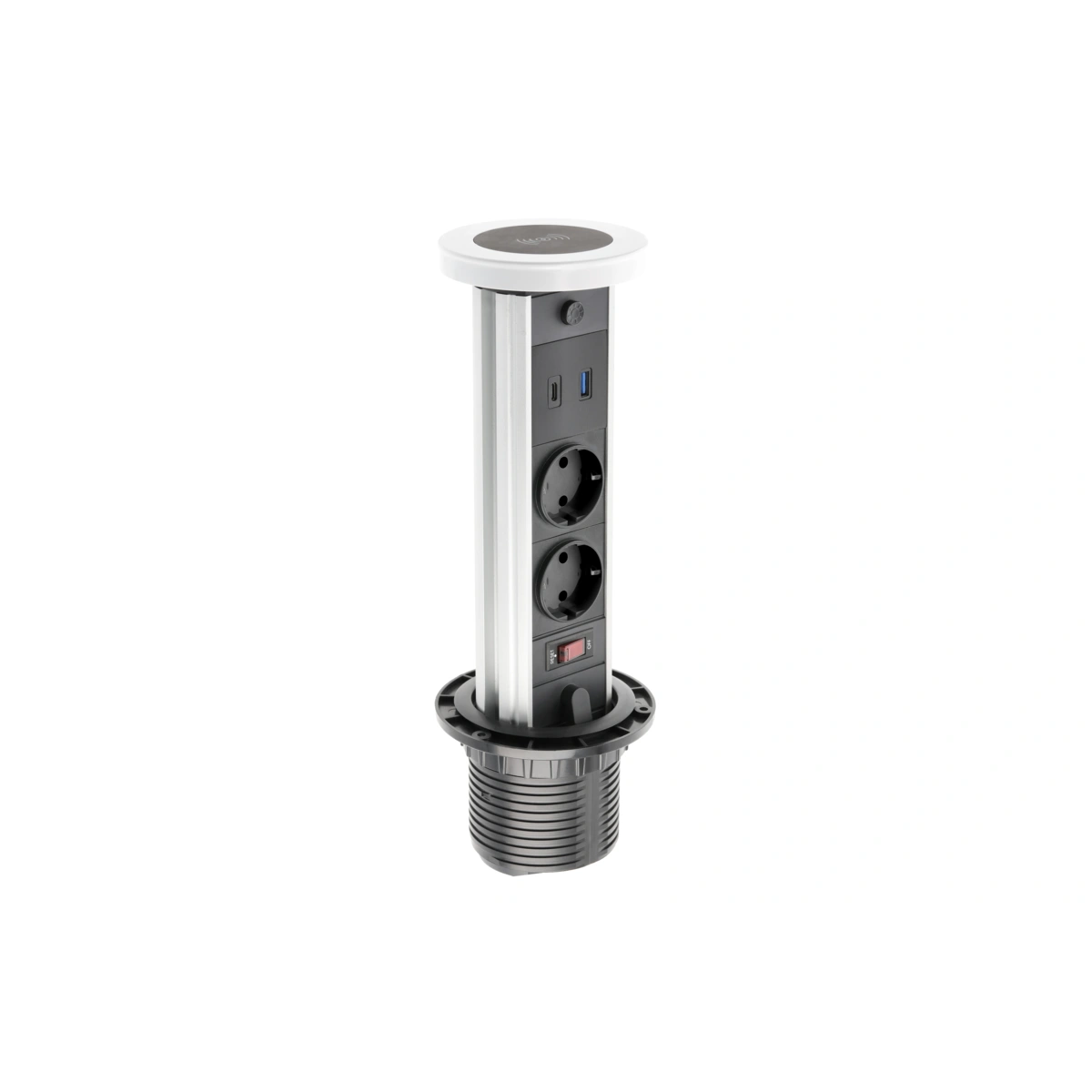 Przedłużacz biurkowy wpuszczany CAMINO 80mm 2xSHUKO,USB A+C, ładowarka indukcyjna 10W, biały [z przewodem z wtyczką 1,5mb]