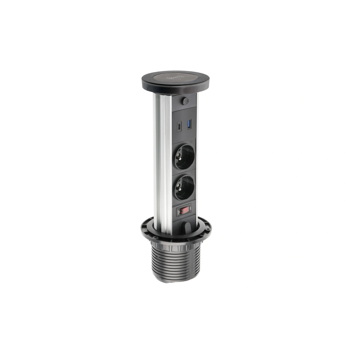 Przedłużacz biurkowy wpuszczany CAMINO 80mm 2x(2P+Z),USB A+C, ładowarka indukcyjna 10W, czarny [z przewodem z wtyczką 1,5mb]