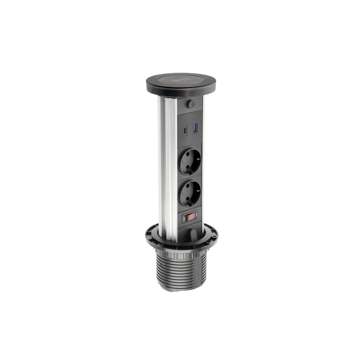 Przedłużacz biurkowy wpuszczany CAMINO 80mm 2xSHUKO,USB A+C, ładowarka indukcyjna 10W, czarny [z przewodem z wtyczką 1,5mb]