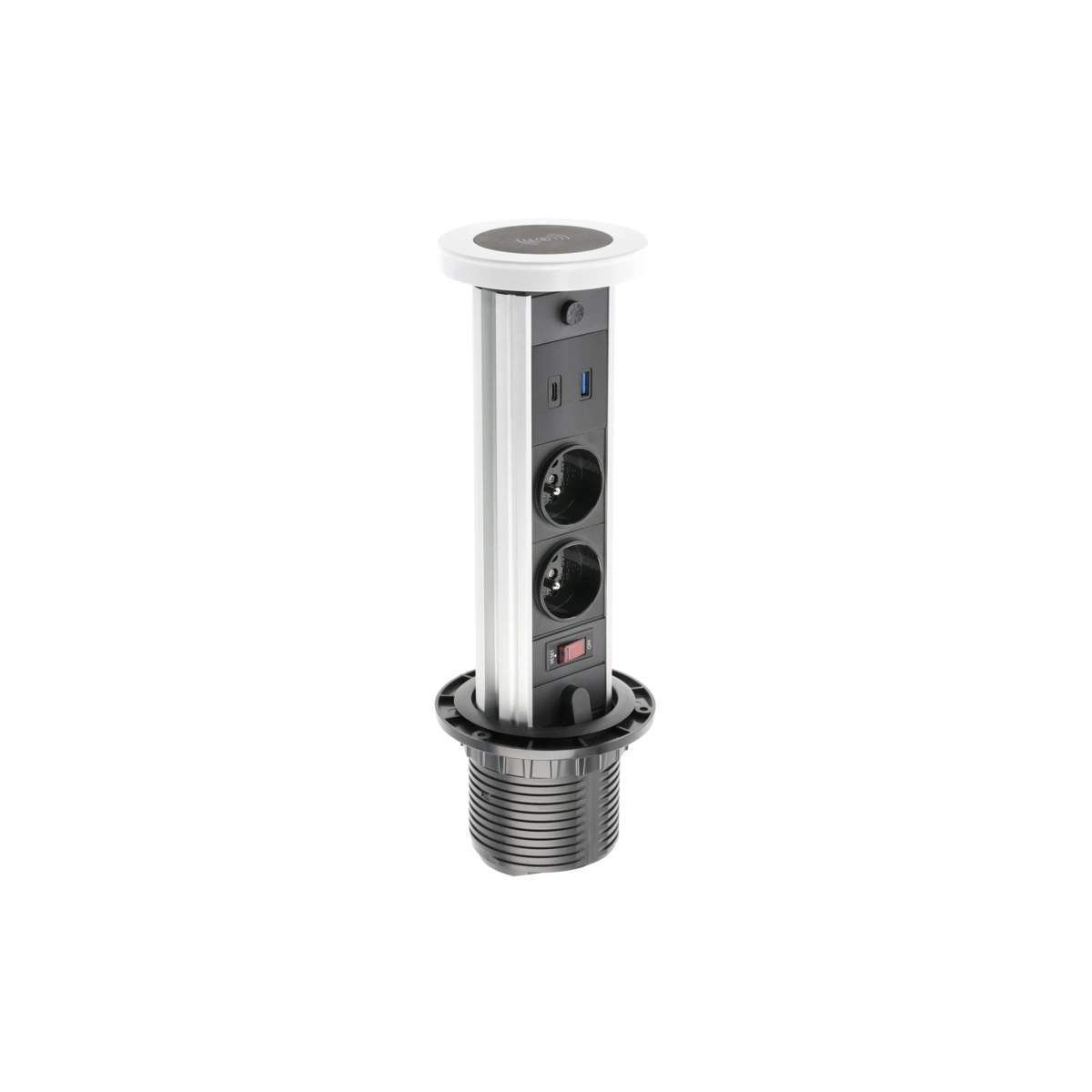 Przedłużacz biurkowy wpuszczany CAMINO 80mm 2x(2P+Z),USB A+C, ładowarka indukcyjna 10W, biały [z przewodem z wtyczką 1,5mb]