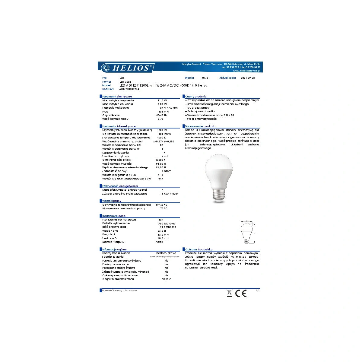 LED low voltage AC/DC 24V 11W E27 A60 4000K 1CT/ 100 Helios