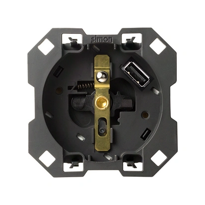 SIMON 100 gniazdo z uziemieniem 2P+Z ze zintegrowaną ładowarką 1xUSB SmartCharge 2,1A 5VDC (mechanizm, bez ramki montażowej), 16A, 250V, zaciski śrubowe [1]