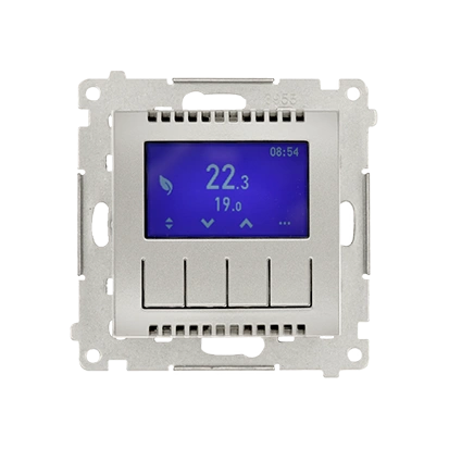 Simon 54 Termostat programowalny z wyświetlaczem z wew/zewn czujnikiem temperatury, bez sondy (moduł) 16(2) A, 230V~; srebrny mat