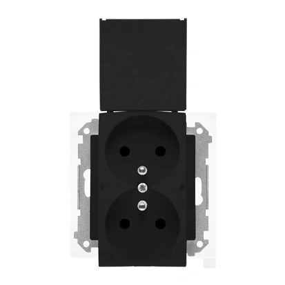 SIMON 55 Gniazdo podwójne z uziemieniem 2x(2P+Z) IP44 z uszczelką i klapką w kolorze pokrywy, szybkozłącza, czarny mat [10]