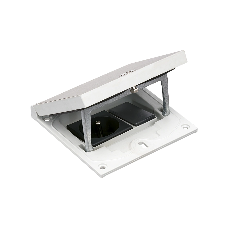 SIMON CONNECT Wkład z pokrywą, gniazdo 2P+Z i zaślepka 22,5x45mm na złącza RJ45 lub multimedialne, zamek z ułatwionym dostępem, stal nierdzewna [1]