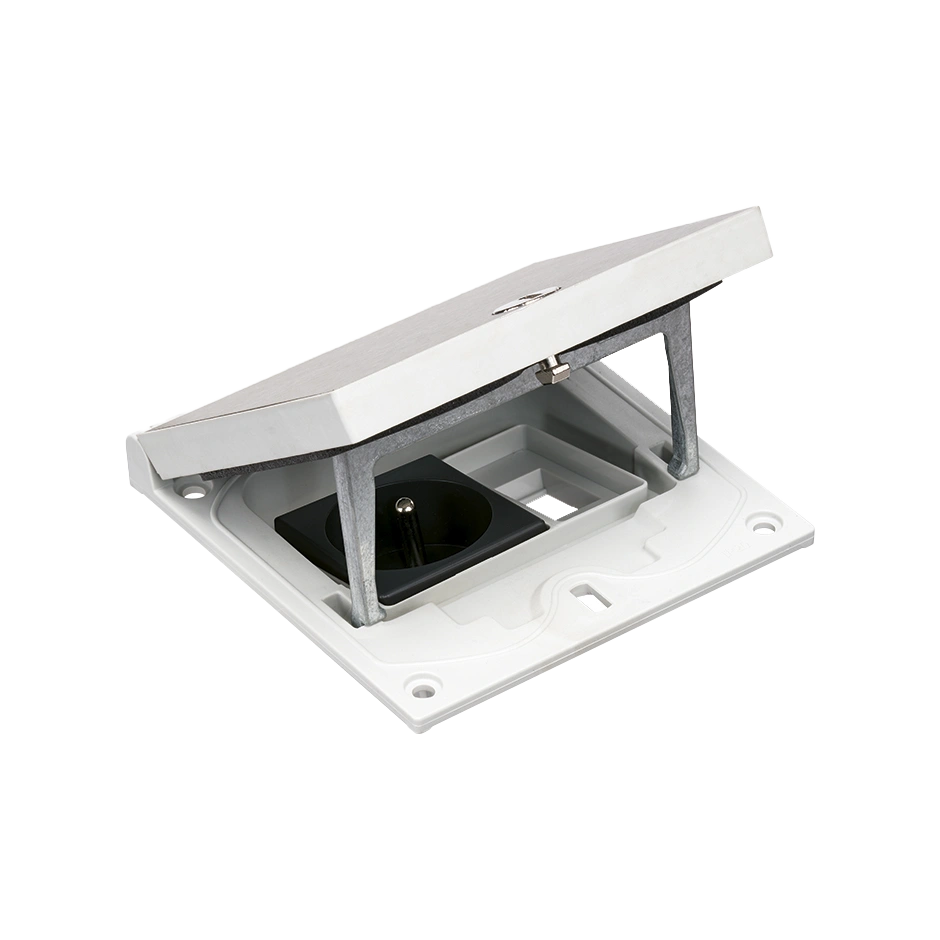 SIMON CONNECT Wkład z pokrywą, gniazdo 2P+Z, moduł 22,5x45mm z zatrzaskiem Keyston na złącza RJ45 lub multimedialne, zamek z ułatwionym dostępem, stal nierdzewna [1]