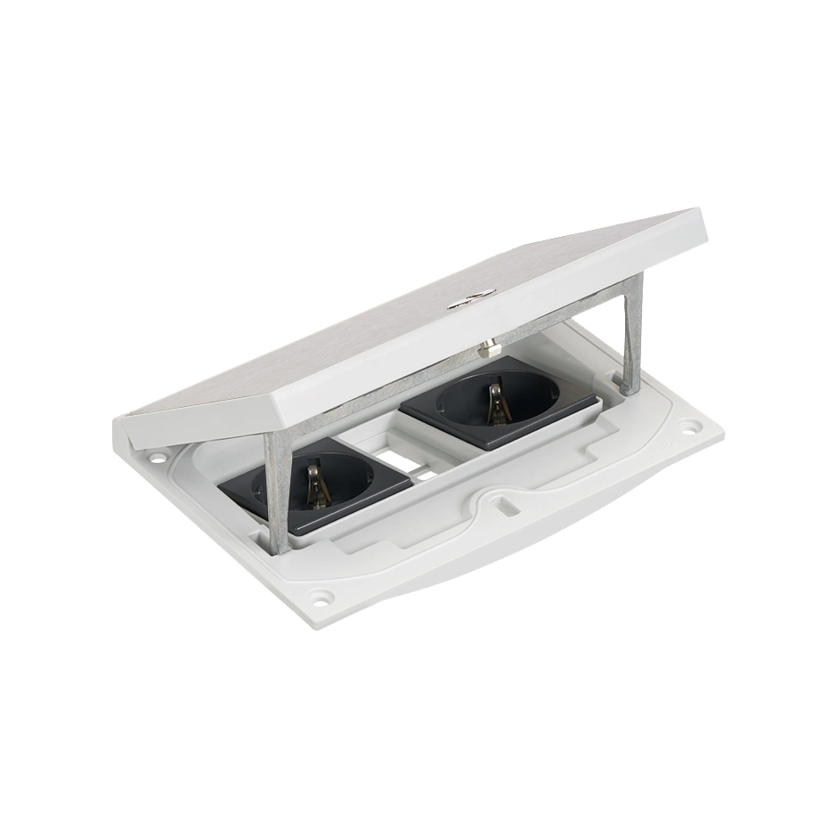 SIMON CONNECT Wkład z pokrywą, 2x gniazdo typu SCHUKO, moduł 22,5x45mm z zatrzaskiem Keyston na złącza RJ45 lub multimedialne, zamek z ułatwionym dostępem, stal nierdzewna [1]
