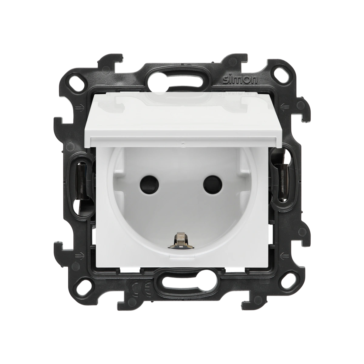 Simon 24 WS24P-NGSZ1XUE-11 Gniazdo wtyczkowe Schuko pojedyncze do wersji IP44 bez uszczelki, z przesłonami torów prądowych (moduł) 16 A, 250 V~, szybkozłącza. Klapka w kolorze pokrywy; biały