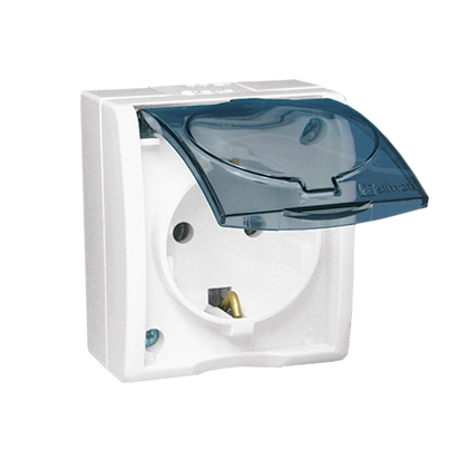 AQUARIUS gniazdo pojedyncze natynkowe z uziemieniem typu SCHUKO, IP54, klapka dymna, zaciski śrubowe, biały [10]