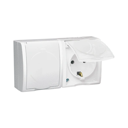 AQUARIUS gniazdo podwójne natynkowe z uziemieniem typu SCHUKO, IP54, klapka biała, zaciski śrubowe, biały [6]