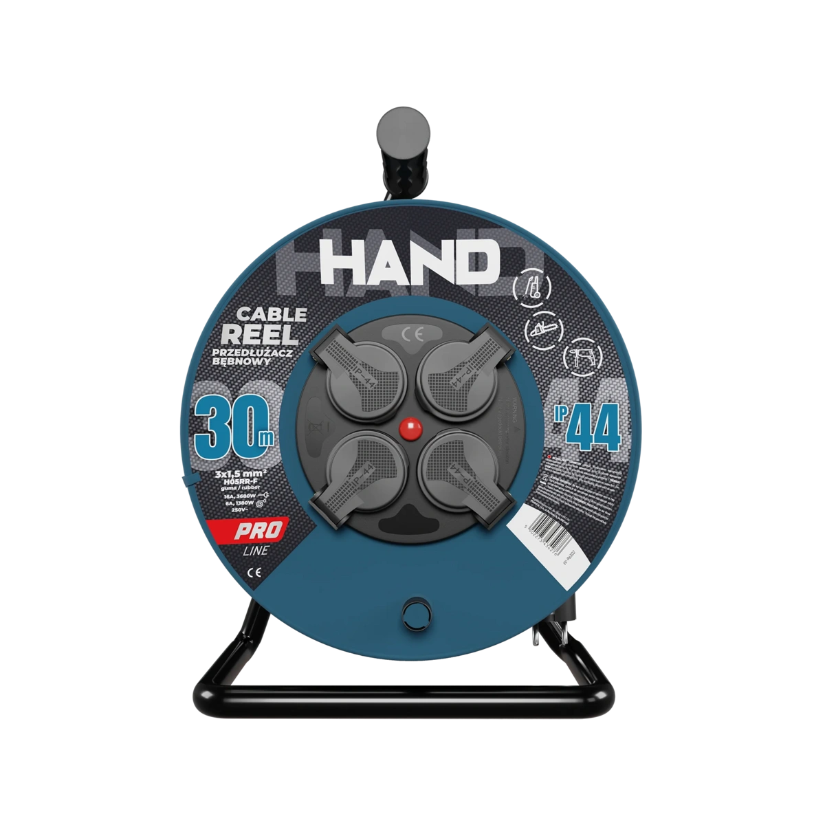 PB-PRO/D/30M/3X1,5/H05RR-F HAND Przedłużacz bębnowy HAND LINE; 4x2p+Z; IP44; 16A; H05RR-F; 3x1,5; 30m; czarny