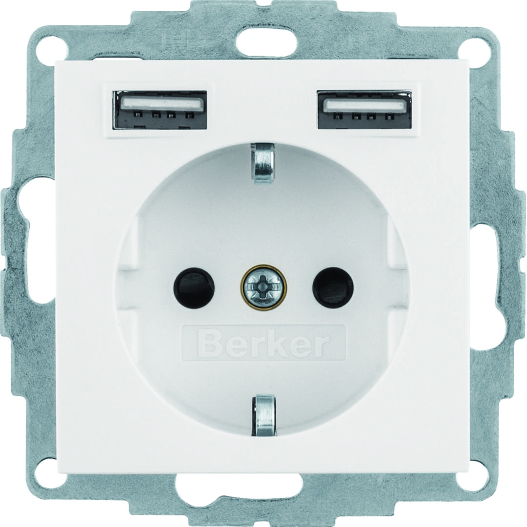 Q.x Gniazdo SCHUKO z gniazdem ładowania USB 2,4 A; samozaciski; biały aksamit