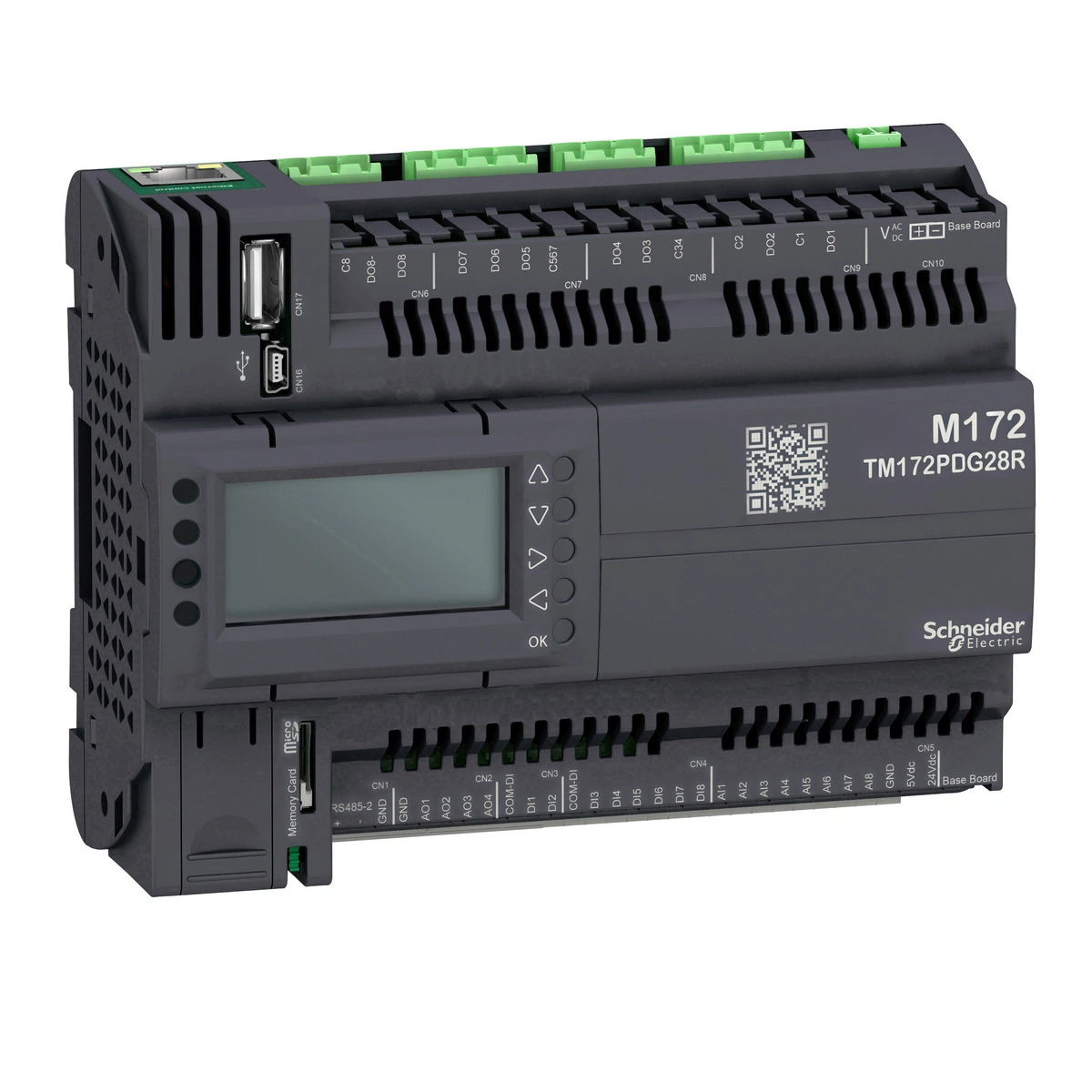 Modicon M172, Sterownik PLC HVAC, 8 DI, 8 AI, 8 DO, 4 AO, Wyświetlacz, Eth, CAN, RS485, USB mini A/B, µSD
