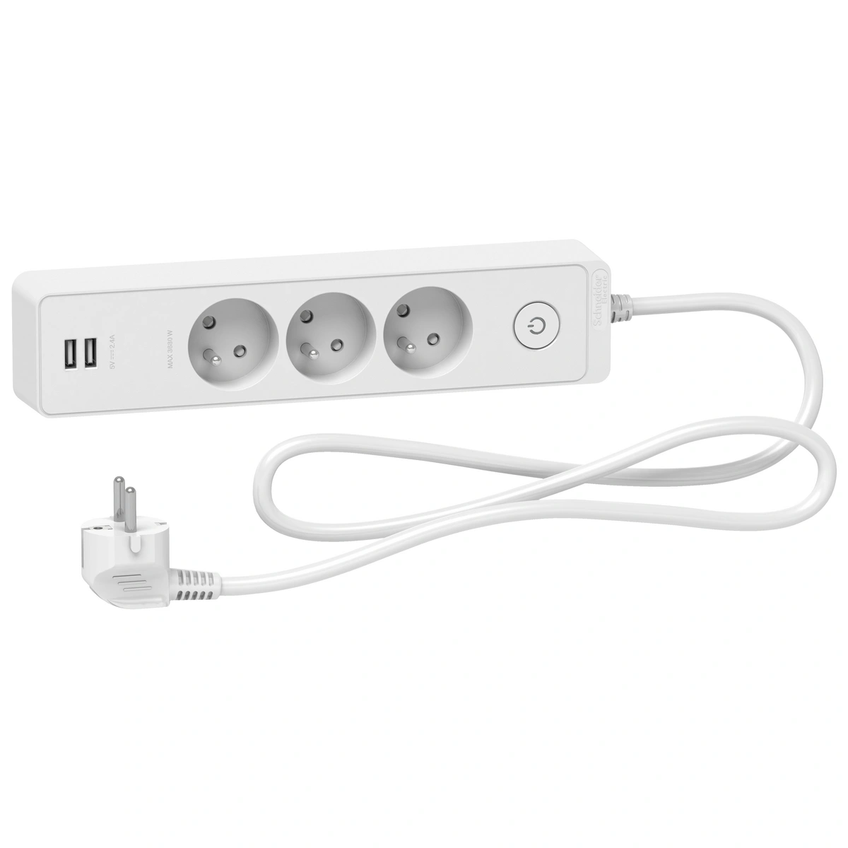 Odace przedłużacz 3-gniazdowy z łącznikiem 2xUSB, 1,5m biały