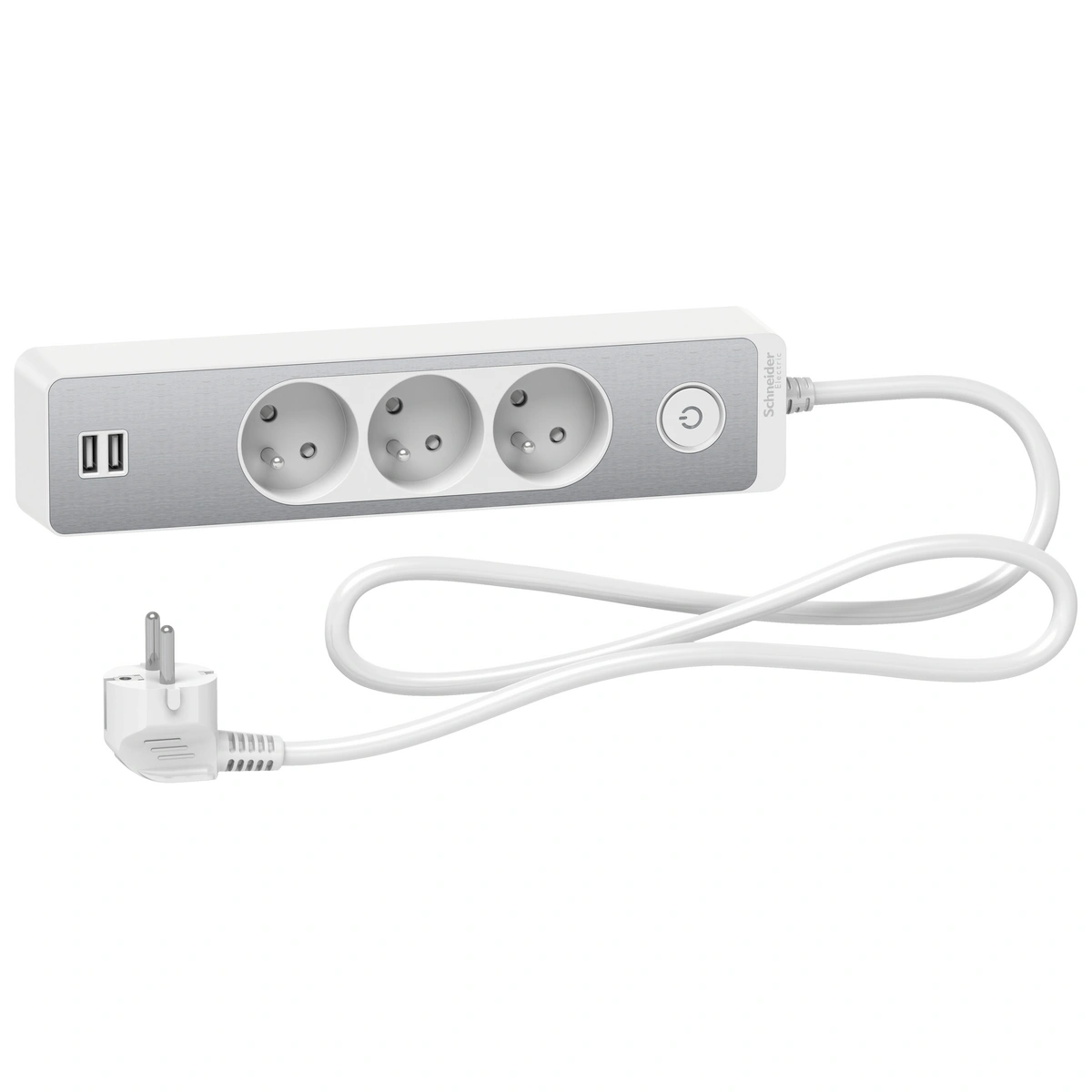Odace przedłużacz 3-gniazdowy z łącznikiem 2xUSB, 1,5m biały/szczotkowane aluminium