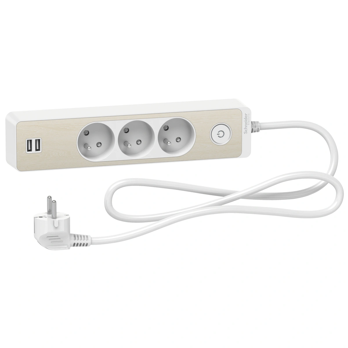 Odace przedłużacz 3-gniazdowy z łącznikiem 2xUSB, 1,5m biały/drewno nordic