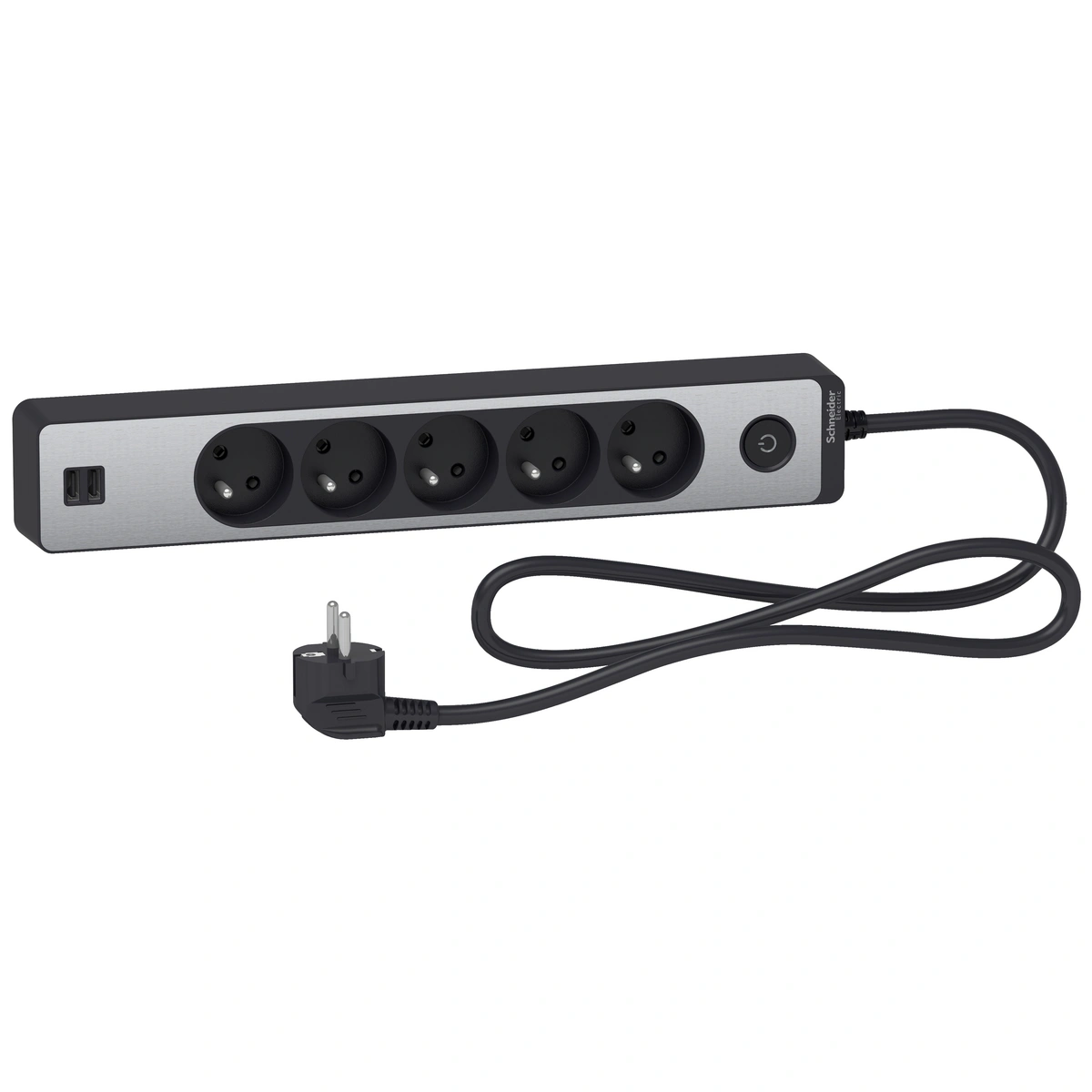 Odace przedłużacz 5-gniazdowy z łącznikiem 2xUSB, 1,5m antracyt/szczotkowane aluminium
