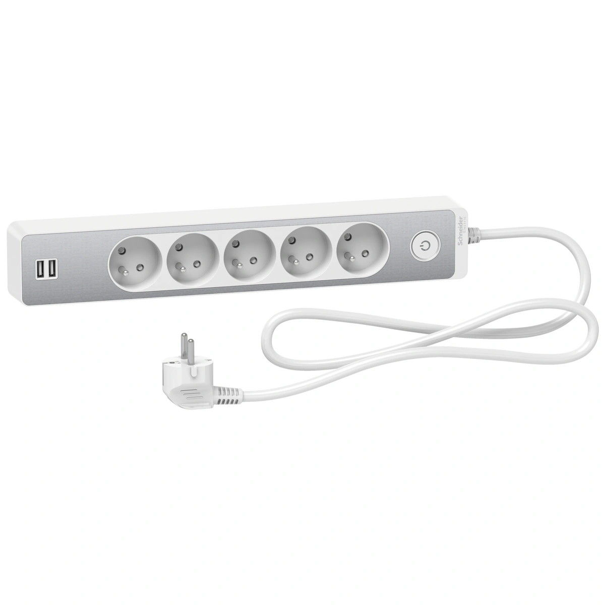 Odace przedłużacz 5-gniazdowy z łącznikiem 2xUSB, 1,5m biały/szczotkowane aluminium