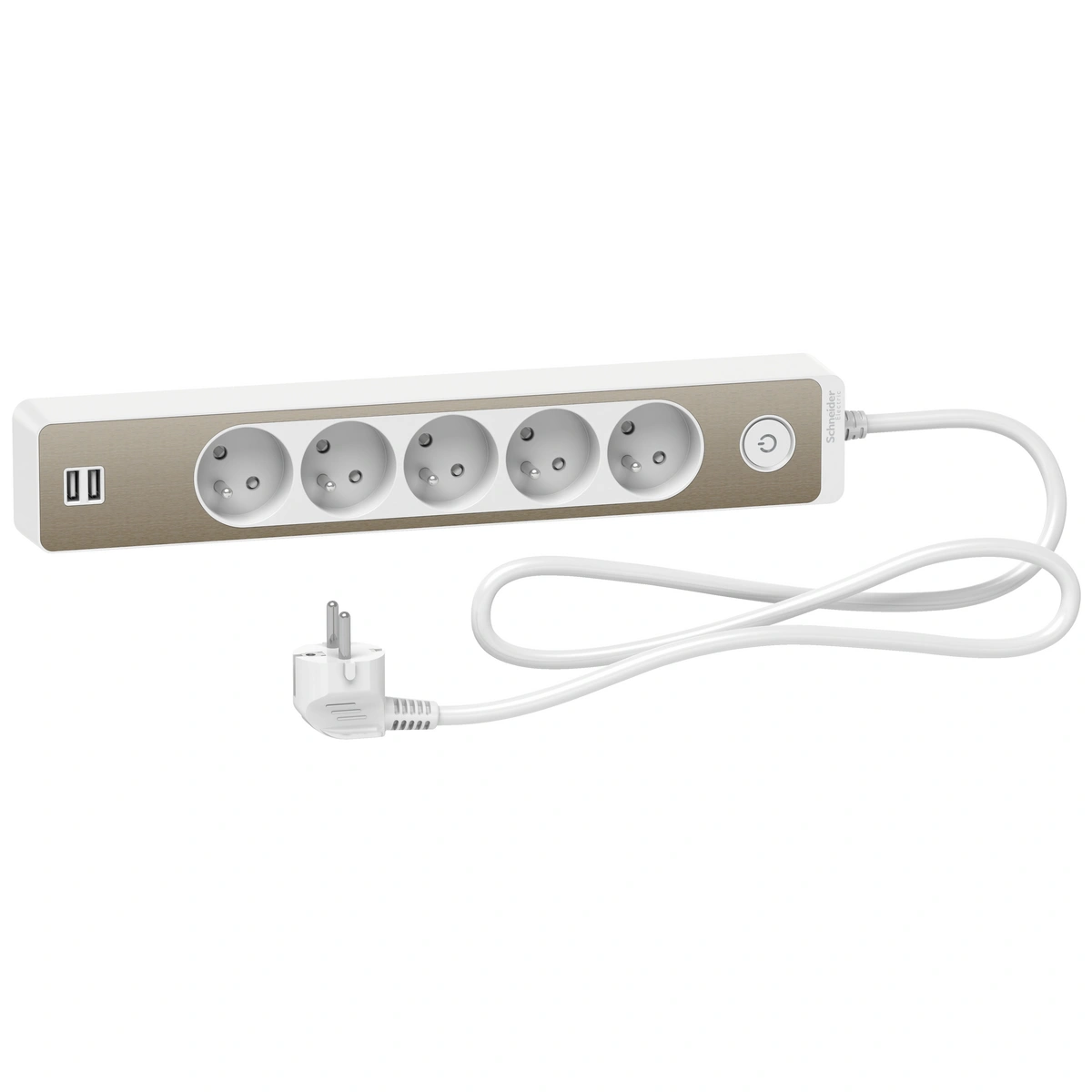 Odace przedłużacz 5-gniazdowy z łącznikiem 2xUSB, 1,5m biały/szczotkowany brąz