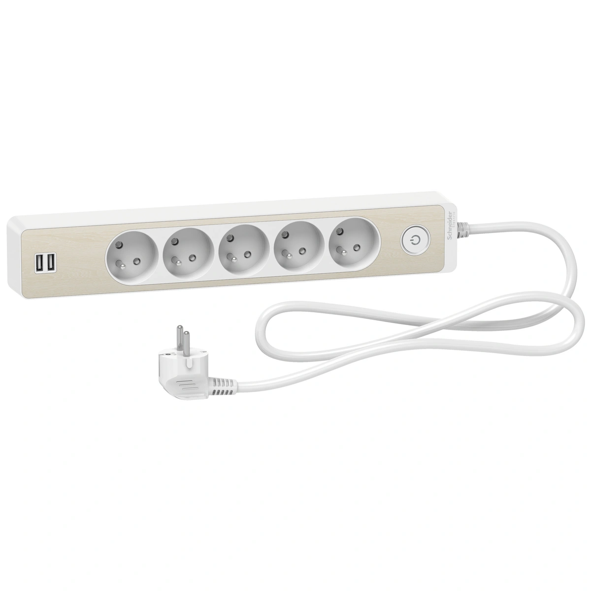 Odace przedłużacz 5-gniazdowy z łącznikiem 2xUSB, 1,5m biały/drewno nordic