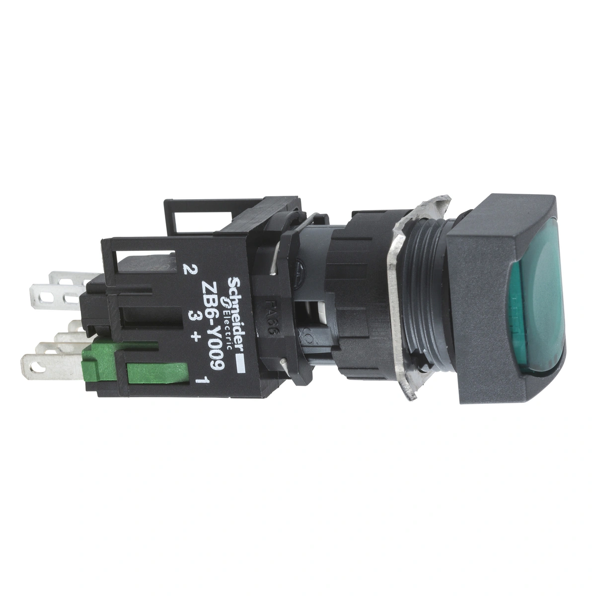 Harmony XB6 Przycisk, Podświetlany, Zielony, Płaski, 1 NO + 1 NC, 12...24 V AC/DC, Kwadrat, Plastik