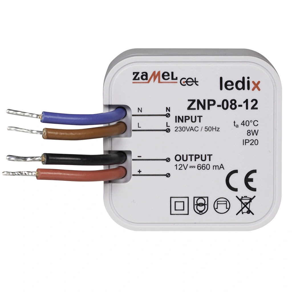 zasilacz LED DOPUSZKOWY 12V DC 8W TYP: ZNP-08-12