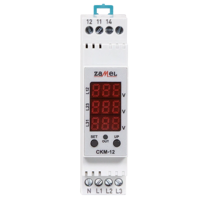 czujnik KOLEJNOŚCI I ZANIKU FAZ Z WSKAŹNIKIEM NAPIĘCIA, CYFROWY, TRUE RMS, 3x230V AC, NASTAWA PROGU ASYMETRII I CZASU ZADZIAŁANIA, TYP: CKM-12