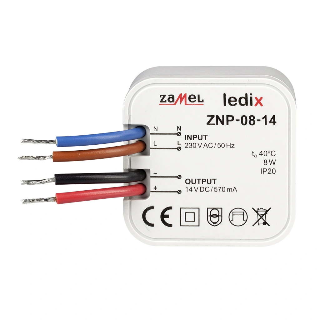 ZASILACZ LED DOPUSZKOWY 14V DC 8W TYP: ZNP-08-14