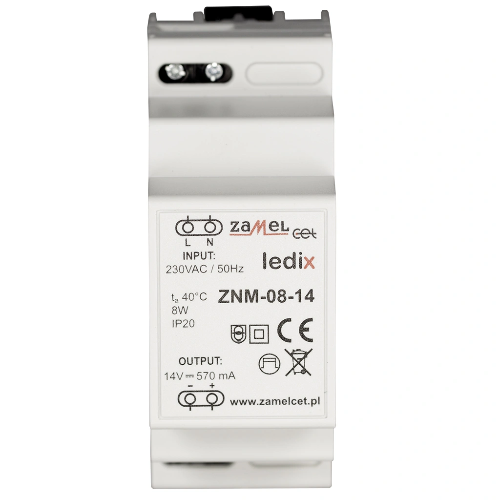 ZASILACZ LED MODUŁOWY 14V DC 8W TYP: ZNM-08-14