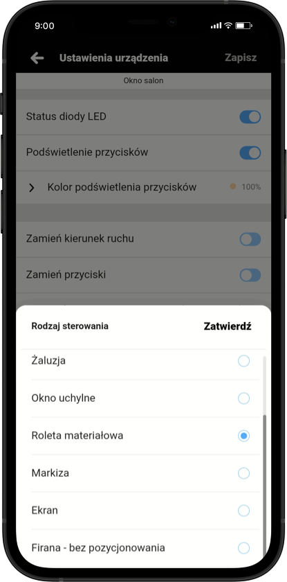 Aplikacja SimonGO – dostosowanie ustawień rolety